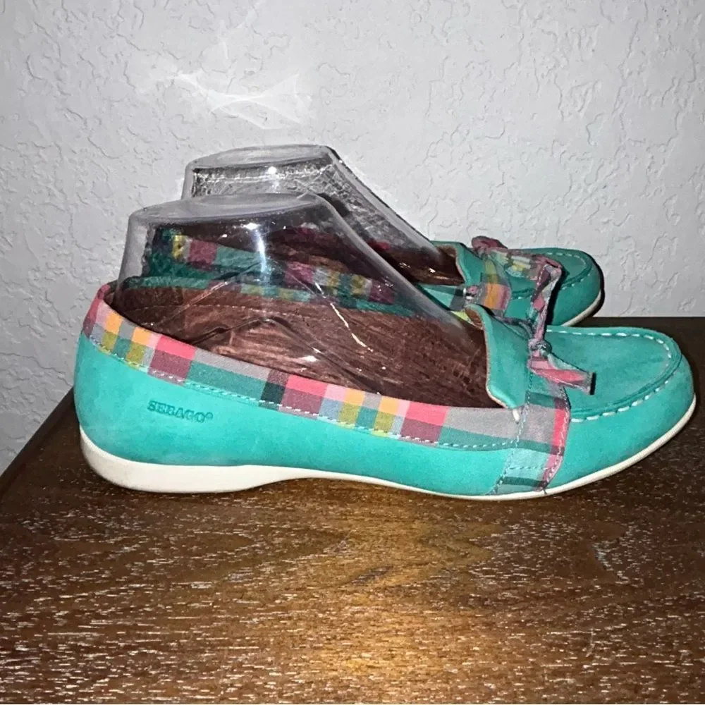 Sebago Felucca Dockside Bow Plaid Print Leather Slip On Loafer Boat Shoes